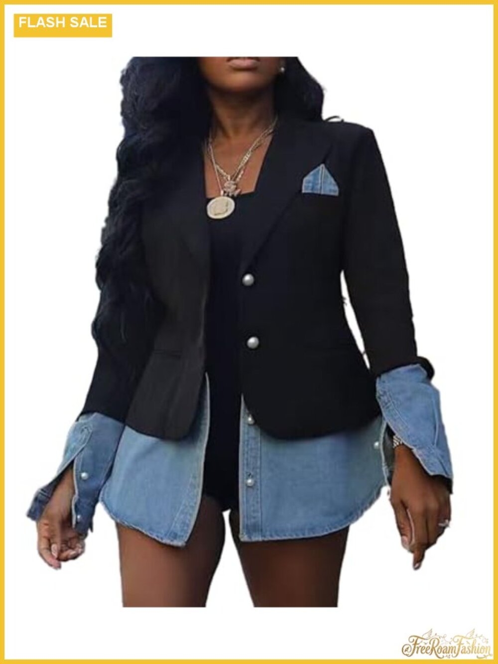 Women's Denim Blazer Jacket Long Sleeve Notched Lapel Trendy Coat